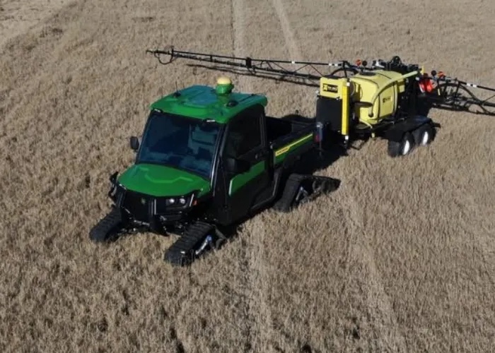 Aerial view of precision ag sprayer working a field